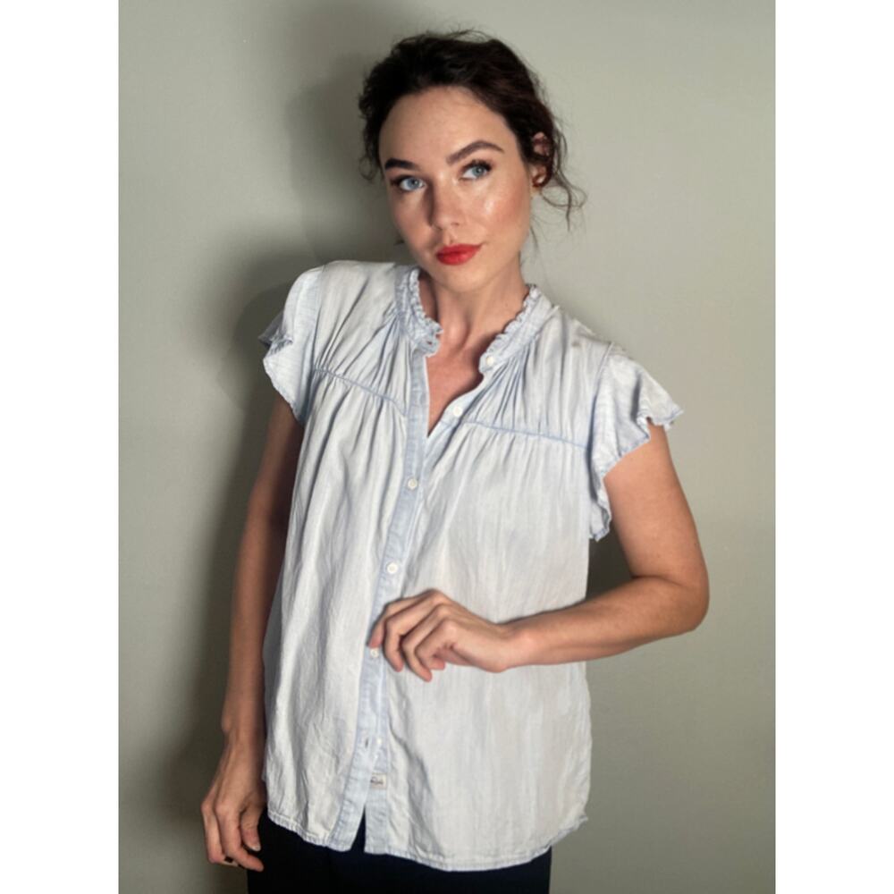 Rails Chambray Denim Flutter Cap Sleeve Blouse Ruthie Lovely & Sweet ~ Sz L